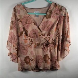 Fairy Floral Pink and Brown LOFT Babydoll Tie-Waist Chiffon Blouse Flare Sleeve